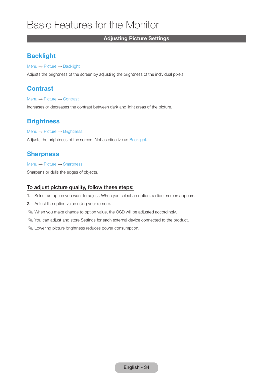 Adjusting picture settings, Basic features for the monitor, Backlight | Contrast, Brightness, Sharpness | Samsung LT27B750NDX-ZA User Manual | Page 34 / 156