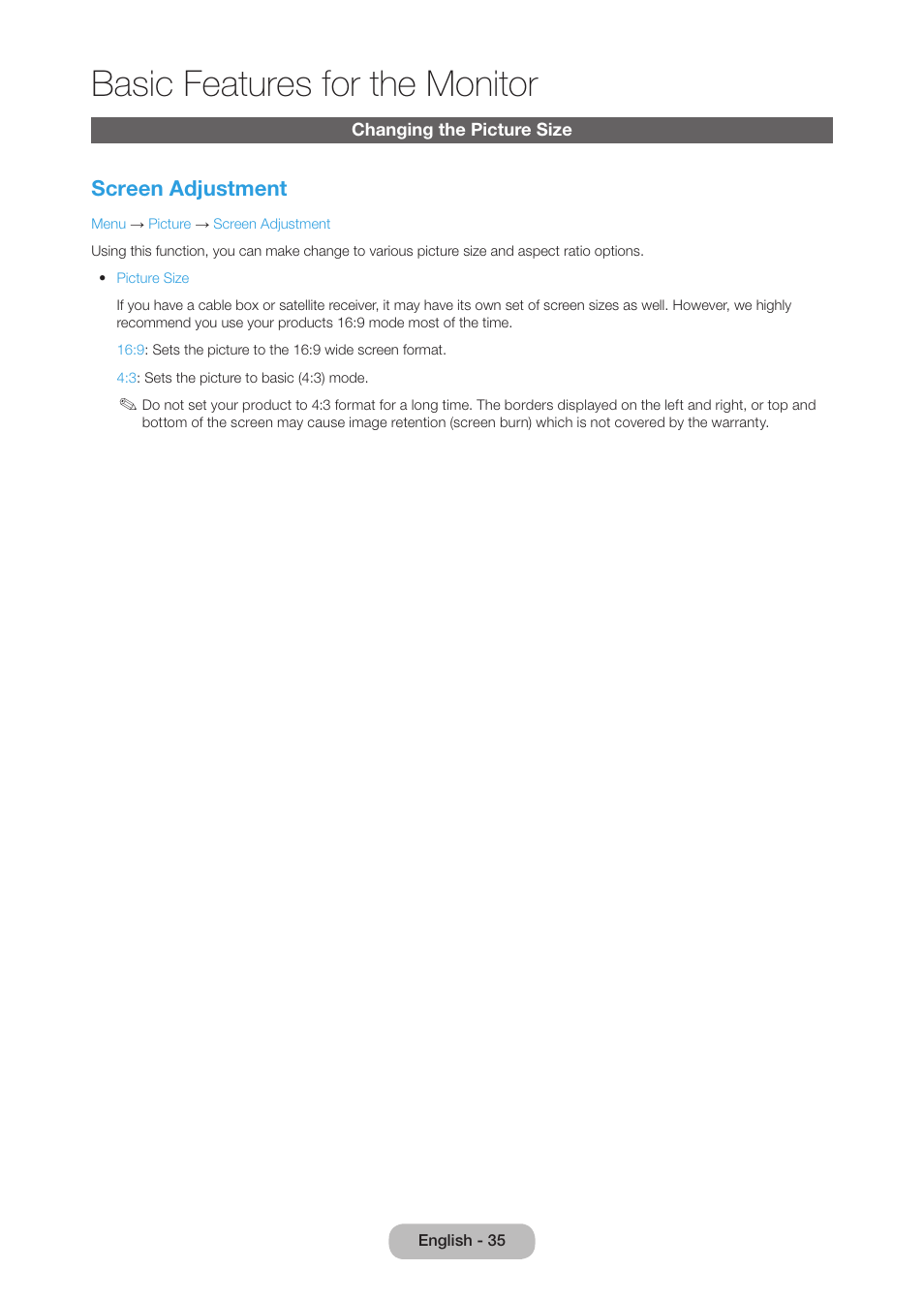 Changing the picture size, Basic features for the monitor, Screen adjustment | Samsung LT27B750NDX-ZA User Manual | Page 35 / 156