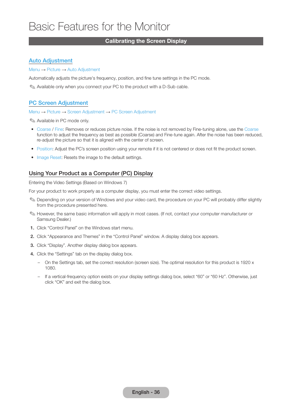 Calibrating the screen display, Basic features for the monitor | Samsung LT27B750NDX-ZA User Manual | Page 36 / 156