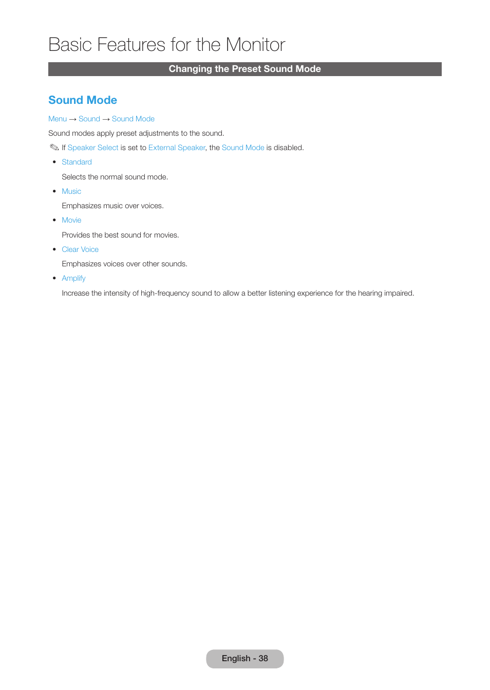 Changing the preset sound mode, Basic features for the monitor, Sound mode | Samsung LT27B750NDX-ZA User Manual | Page 38 / 156