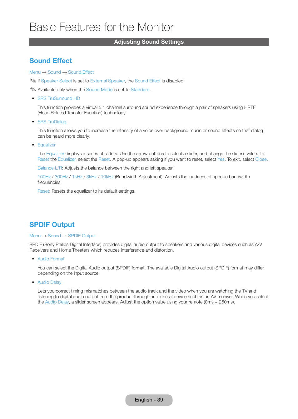 Adjusting sound settings, Basic features for the monitor, Sound effect | Spdif output | Samsung LT27B750NDX-ZA User Manual | Page 39 / 156