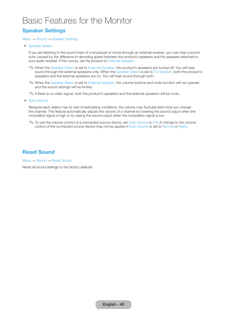 Basic features for the monitor, Speaker settings, Reset sound | Samsung LT27B750NDX-ZA User Manual | Page 40 / 156