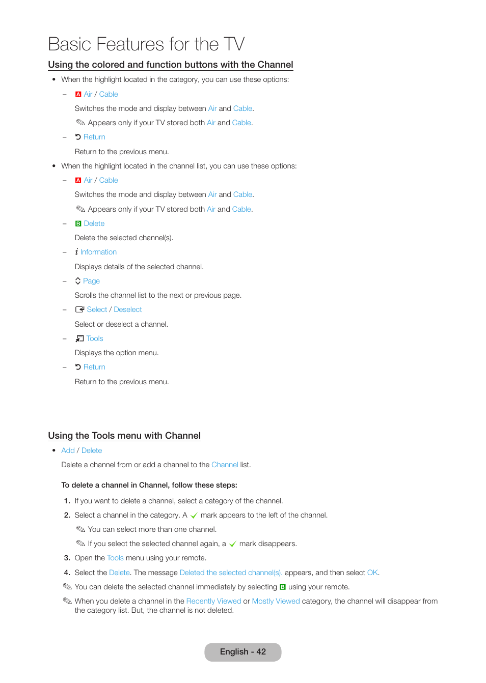 Basic features for the tv | Samsung LT27B750NDX-ZA User Manual | Page 42 / 156