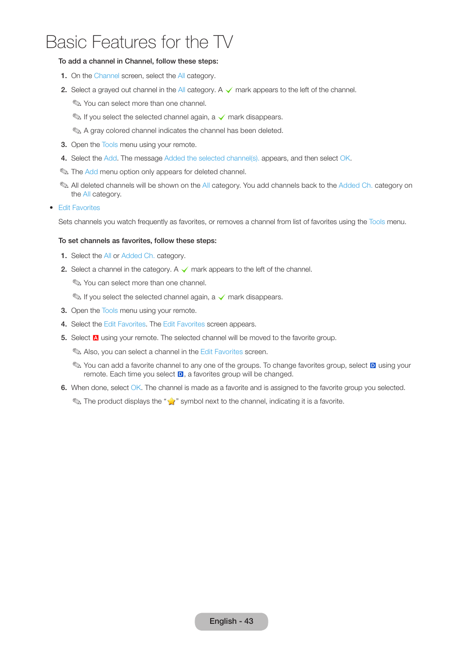 Basic features for the tv | Samsung LT27B750NDX-ZA User Manual | Page 43 / 156