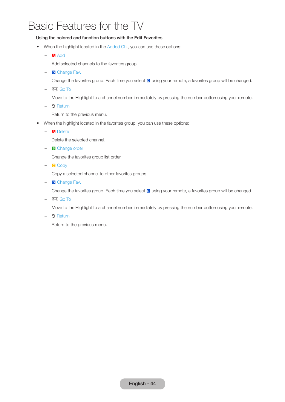 Basic features for the tv | Samsung LT27B750NDX-ZA User Manual | Page 44 / 156