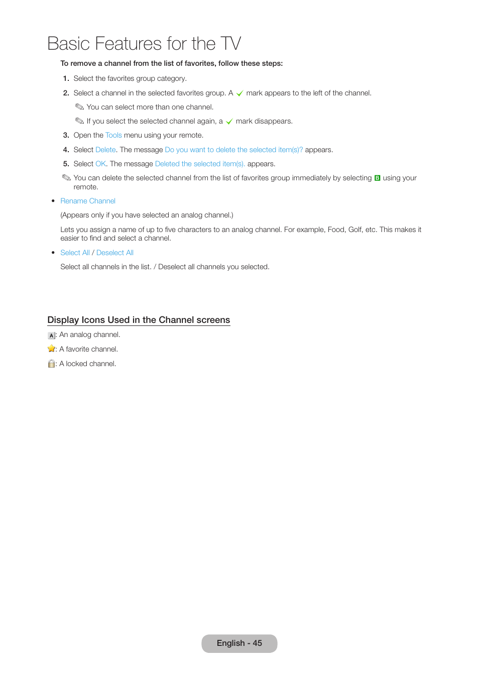 Basic features for the tv | Samsung LT27B750NDX-ZA User Manual | Page 45 / 156