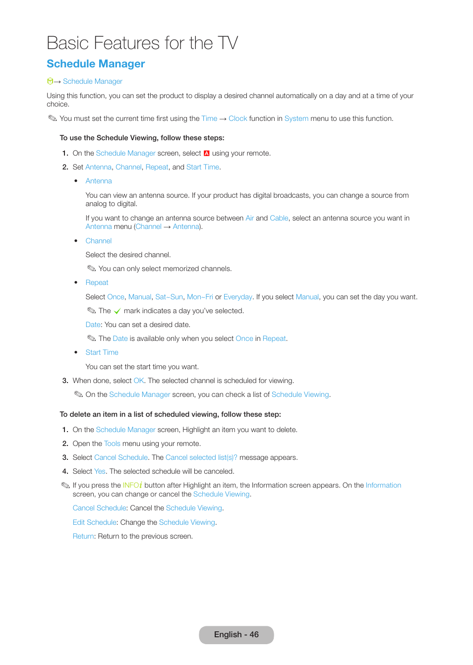 Basic features for the tv, Schedule manager | Samsung LT27B750NDX-ZA User Manual | Page 46 / 156