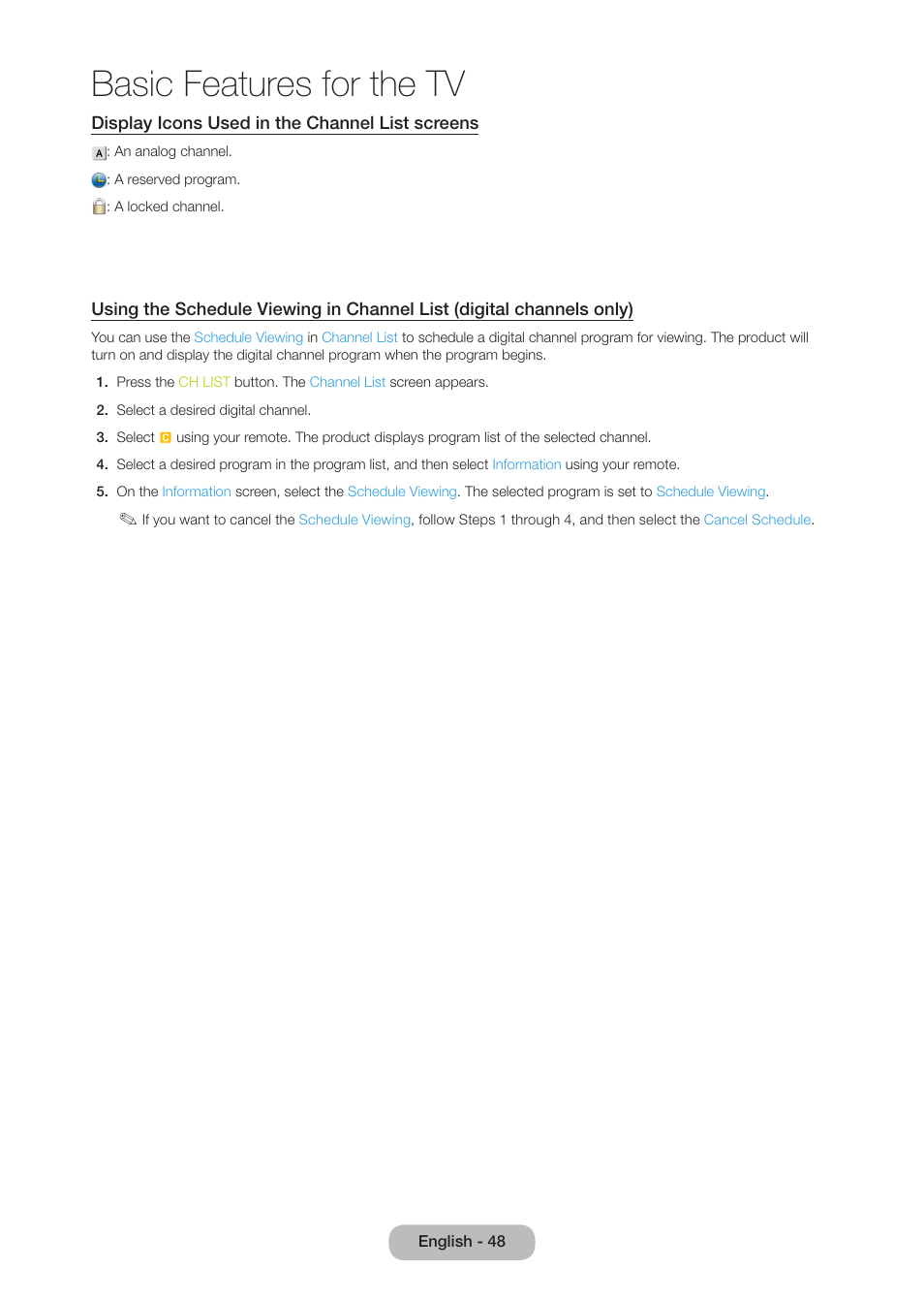 Basic features for the tv | Samsung LT27B750NDX-ZA User Manual | Page 48 / 156