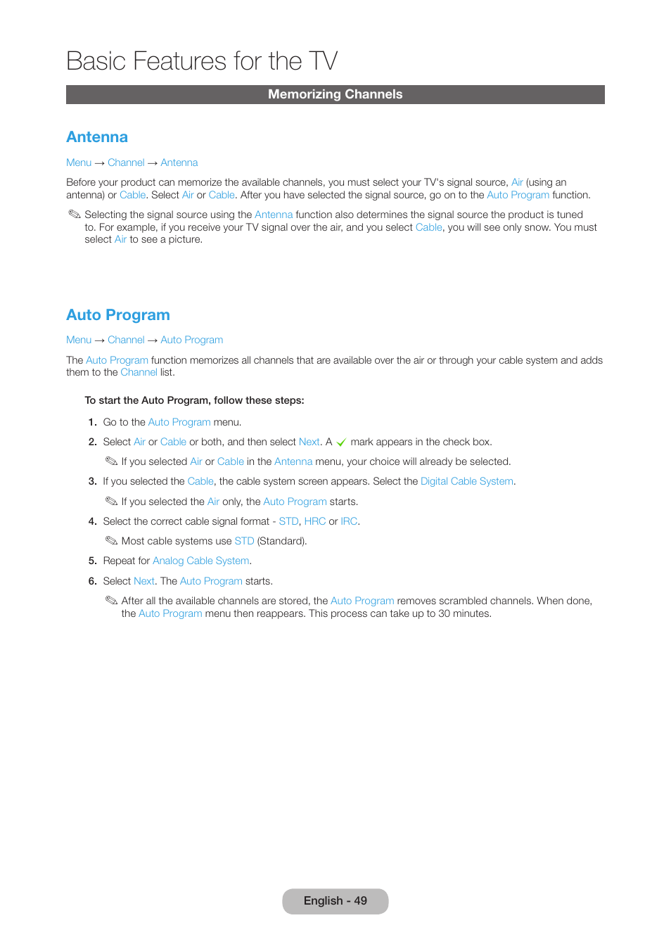 Memorizing channels, Basic features for the tv, Antenna | Auto program | Samsung LT27B750NDX-ZA User Manual | Page 49 / 156