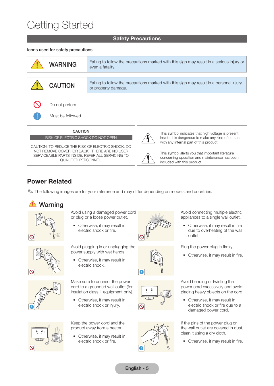Getting started, Safety precautions, Warning | Caution, Power related | Samsung LT27B750NDX-ZA User Manual | Page 5 / 156