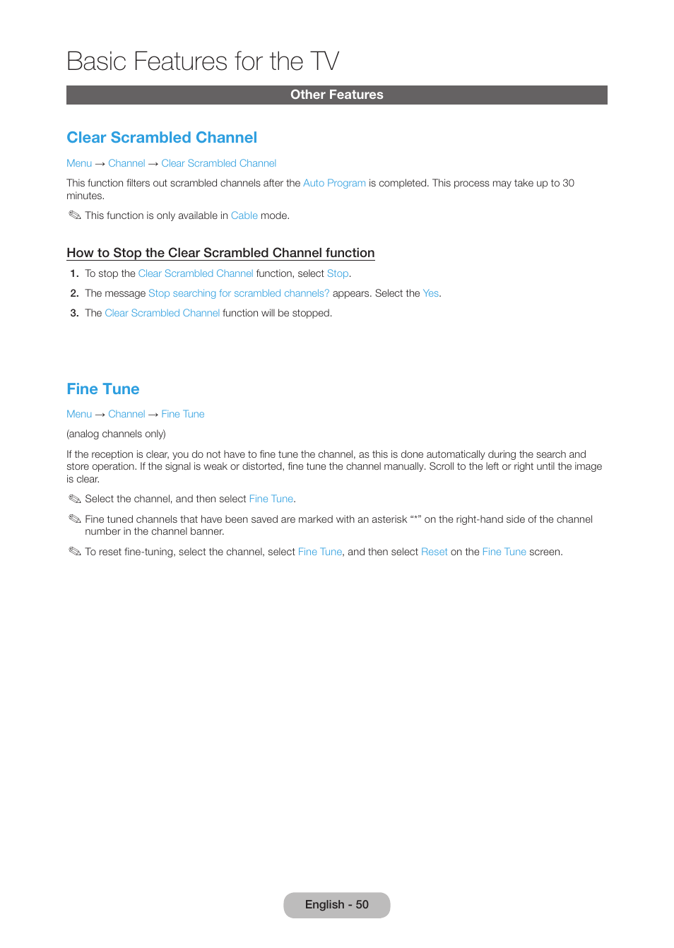 Other features, Basic features for the tv, Clear scrambled channel | Fine tune | Samsung LT27B750NDX-ZA User Manual | Page 50 / 156