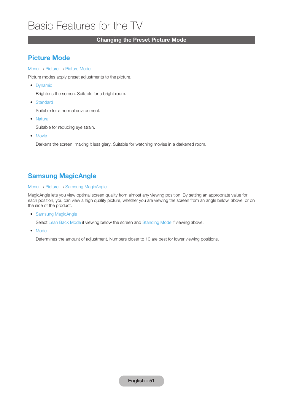 Changing the preset picture mode, Basic features for the tv, Picture mode | Samsung magicangle | Samsung LT27B750NDX-ZA User Manual | Page 51 / 156