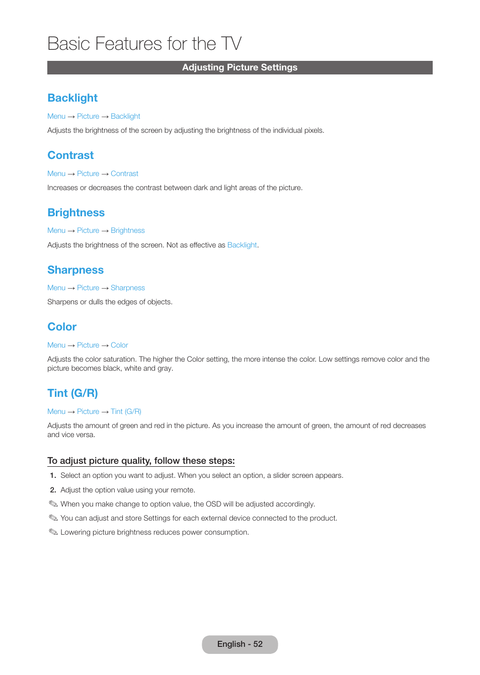 Adjusting picture settings, Basic features for the tv, Backlight | Contrast, Brightness, Sharpness, Color, Tint (g/r) | Samsung LT27B750NDX-ZA User Manual | Page 52 / 156
