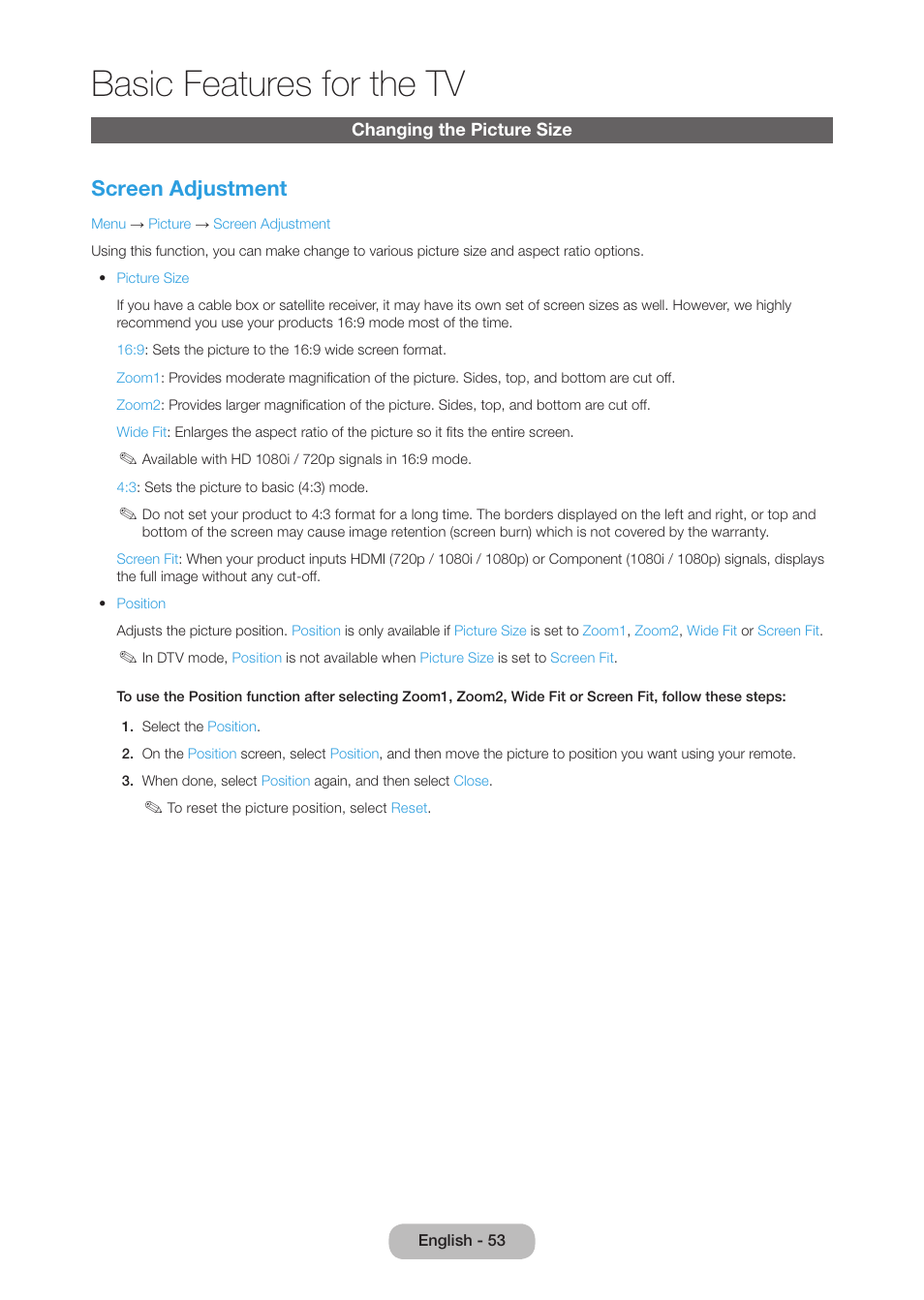 Changing the picture size, Basic features for the tv, Screen adjustment | Samsung LT27B750NDX-ZA User Manual | Page 53 / 156