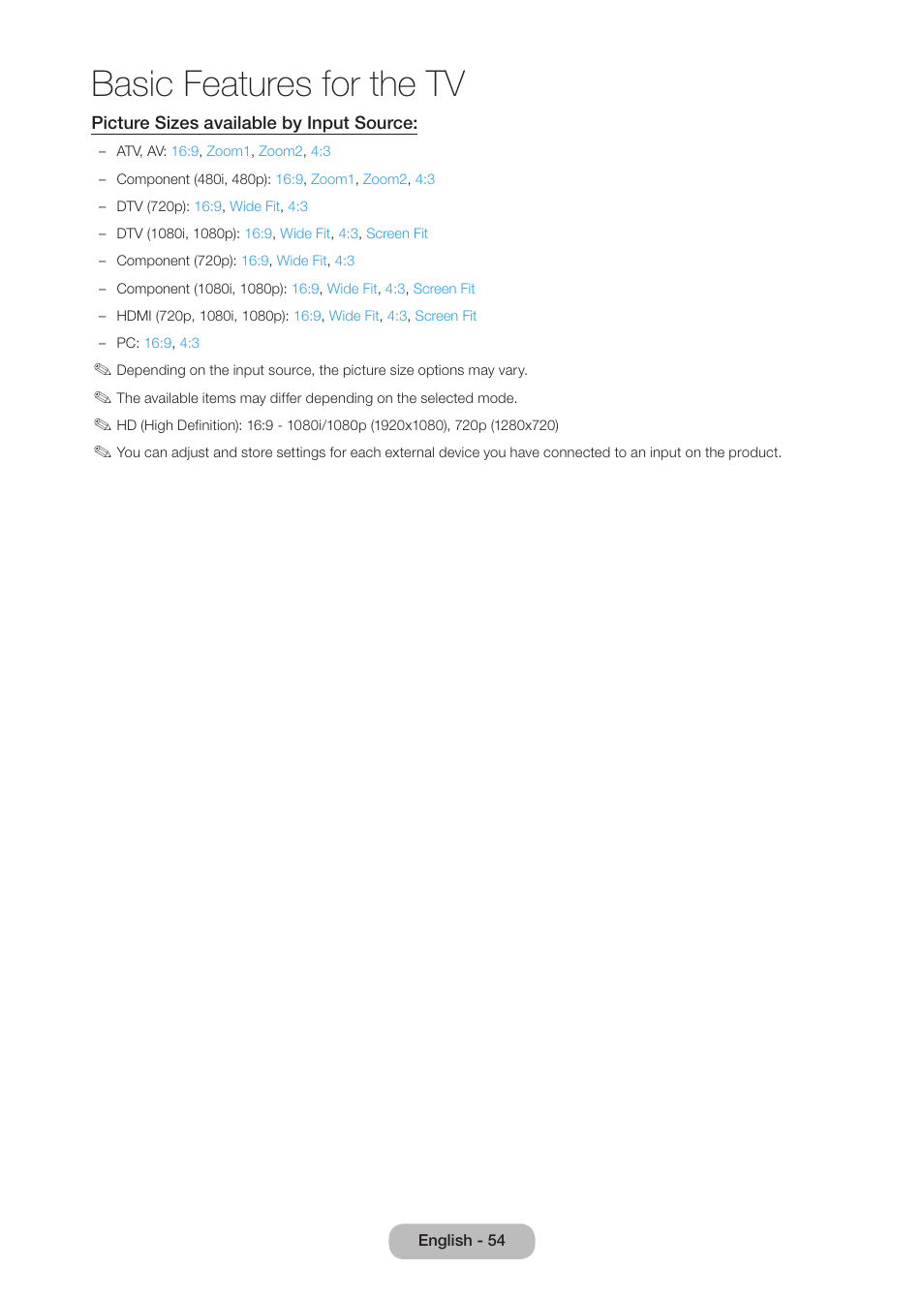 Basic features for the tv | Samsung LT27B750NDX-ZA User Manual | Page 54 / 156