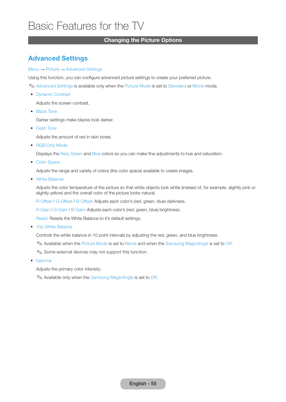 Changing the picture options, Basic features for the tv, Advanced settings | Samsung LT27B750NDX-ZA User Manual | Page 55 / 156