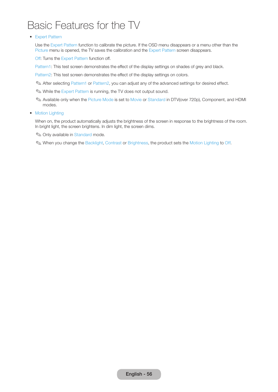 Basic features for the tv | Samsung LT27B750NDX-ZA User Manual | Page 56 / 156