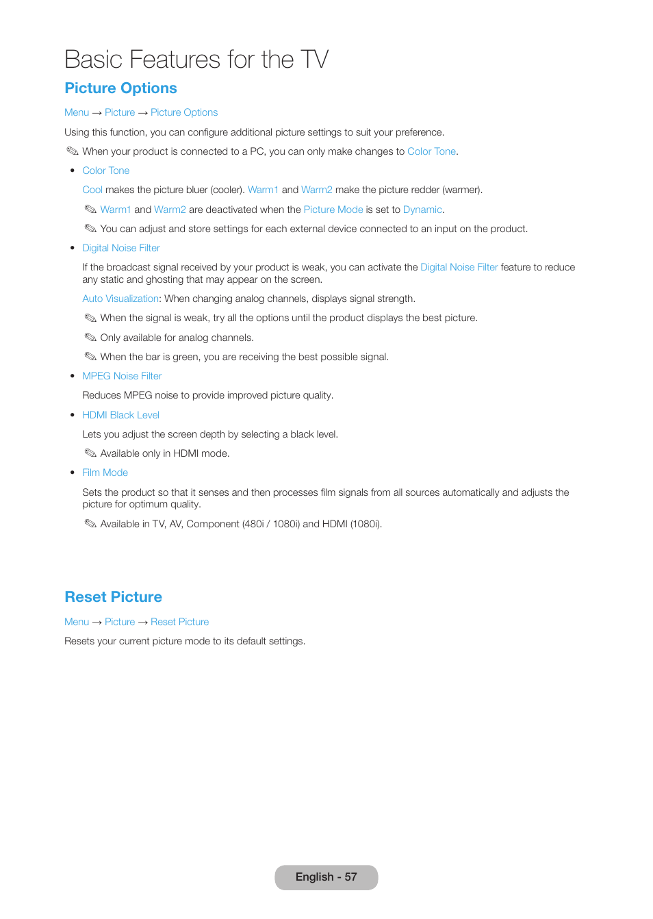 Basic features for the tv, Picture options, Reset picture | Samsung LT27B750NDX-ZA User Manual | Page 57 / 156
