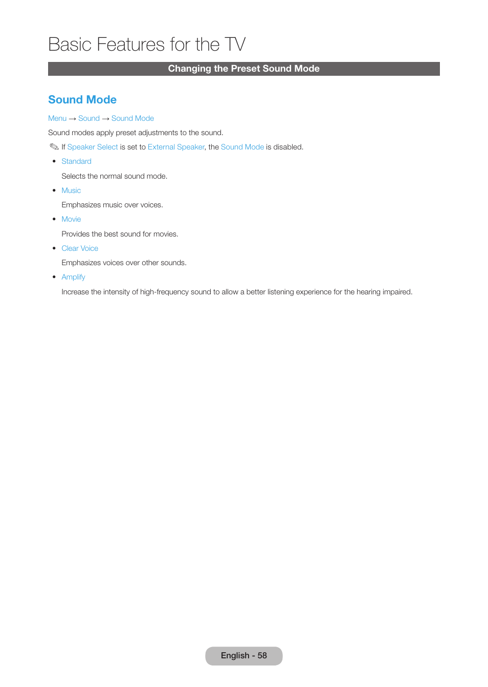 Changing the preset sound mode, Basic features for the tv, Sound mode | Samsung LT27B750NDX-ZA User Manual | Page 58 / 156