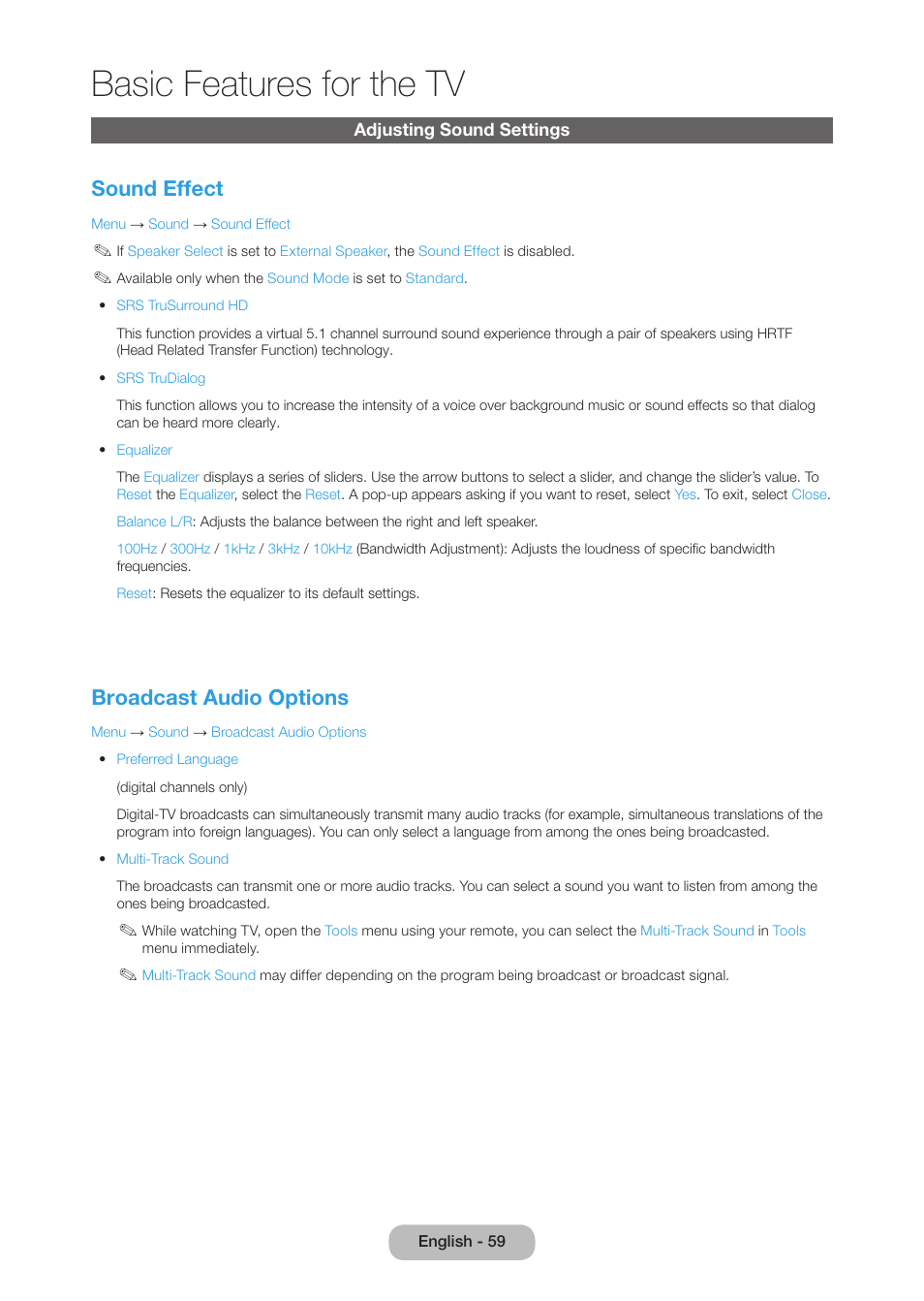 Adjusting sound settings, Basic features for the tv, Sound effect | Broadcast audio options | Samsung LT27B750NDX-ZA User Manual | Page 59 / 156