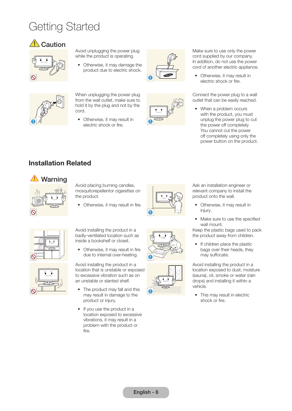 Getting started, Caution, Installation related warning | Samsung LT27B750NDX-ZA User Manual | Page 6 / 156