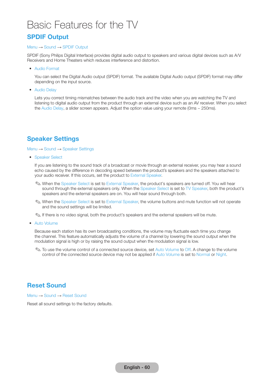 Basic features for the tv, Spdif output, Speaker settings | Reset sound | Samsung LT27B750NDX-ZA User Manual | Page 60 / 156