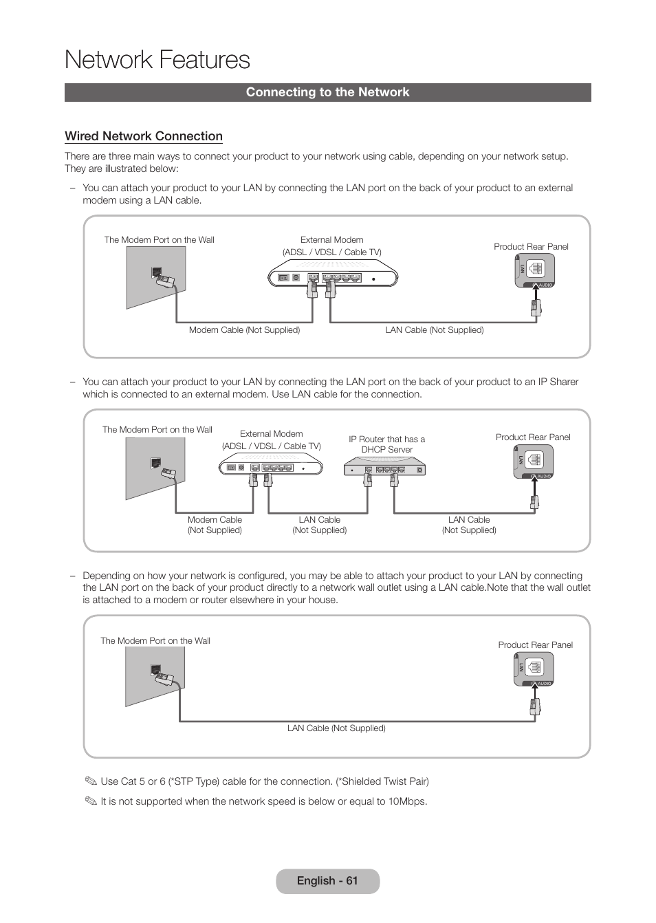 Network features, Connecting to the network, 61 f | Samsung LT27B750NDX-ZA User Manual | Page 61 / 156