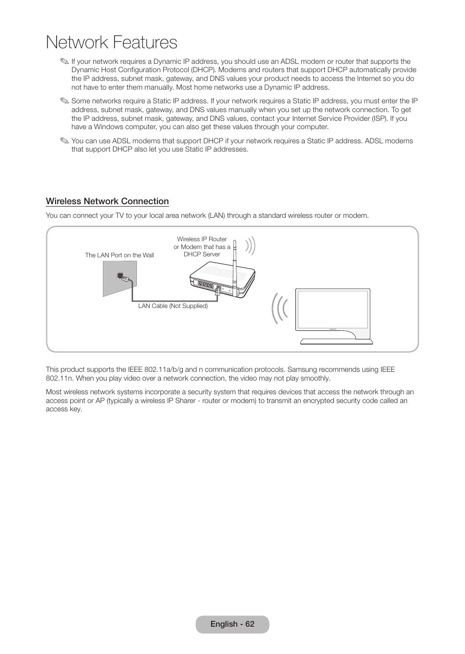 E 62 f, And 62), Network features | Samsung LT27B750NDX-ZA User Manual | Page 62 / 156