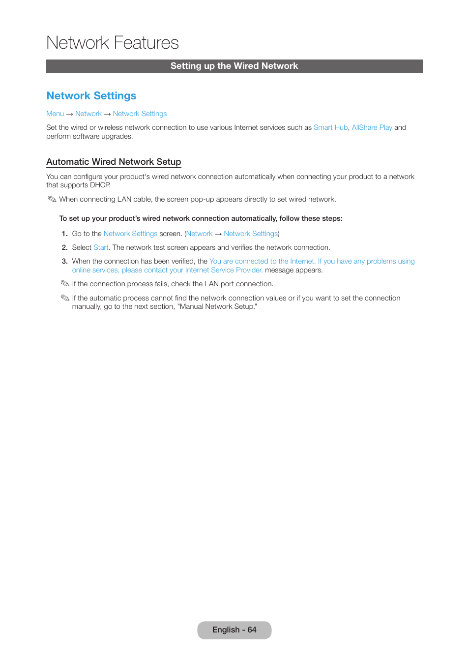 Setting up the wired network, Network features, Network settings | Samsung LT27B750NDX-ZA User Manual | Page 64 / 156