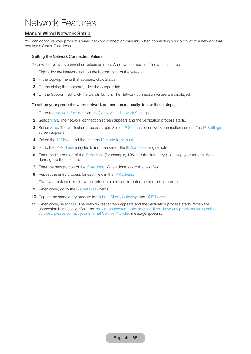 Network features | Samsung LT27B750NDX-ZA User Manual | Page 65 / 156