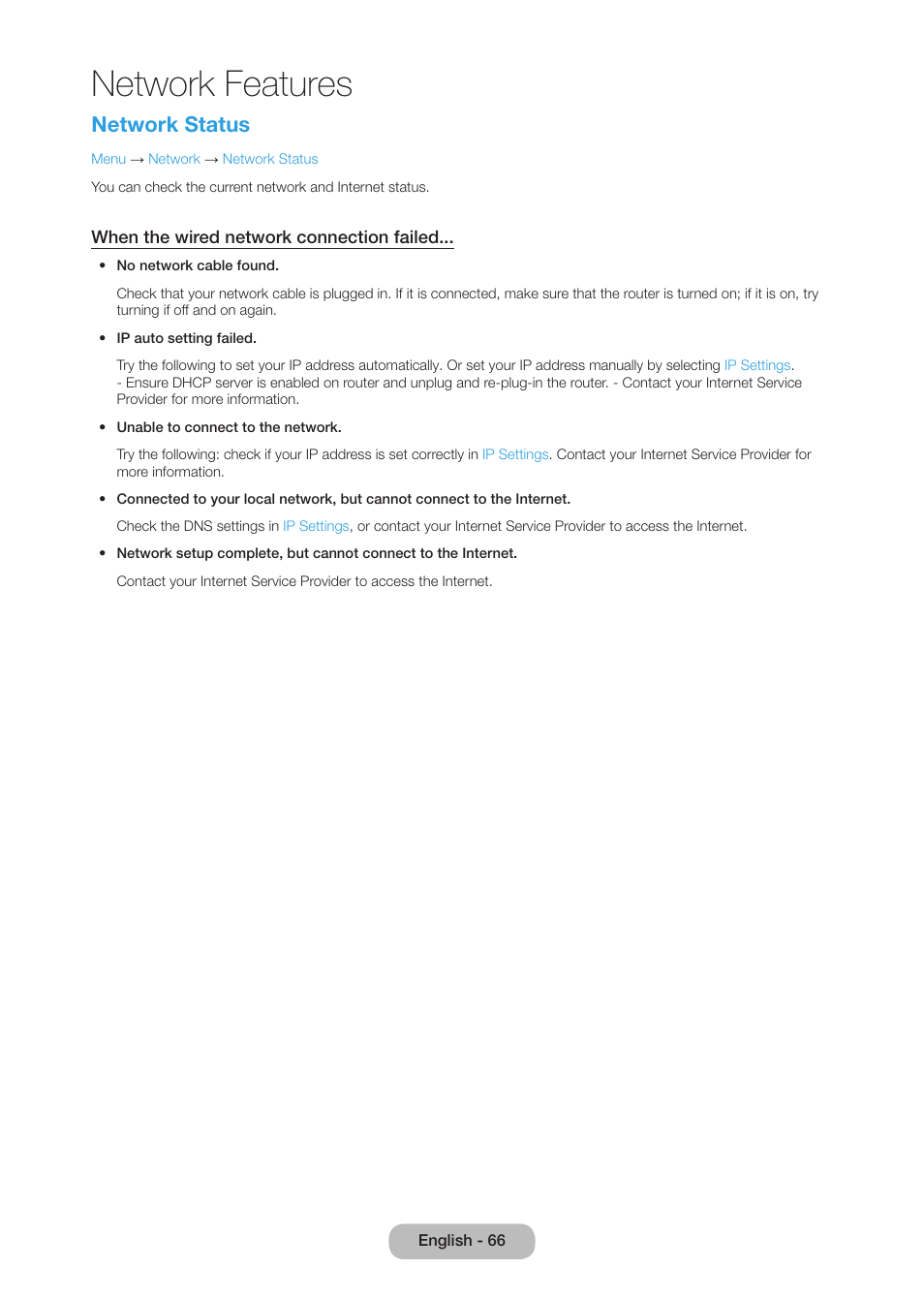 Network features, Network status | Samsung LT27B750NDX-ZA User Manual | Page 66 / 156