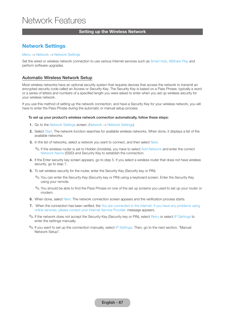 Setting up the wireless network, Network features, Network settings | Samsung LT27B750NDX-ZA User Manual | Page 67 / 156