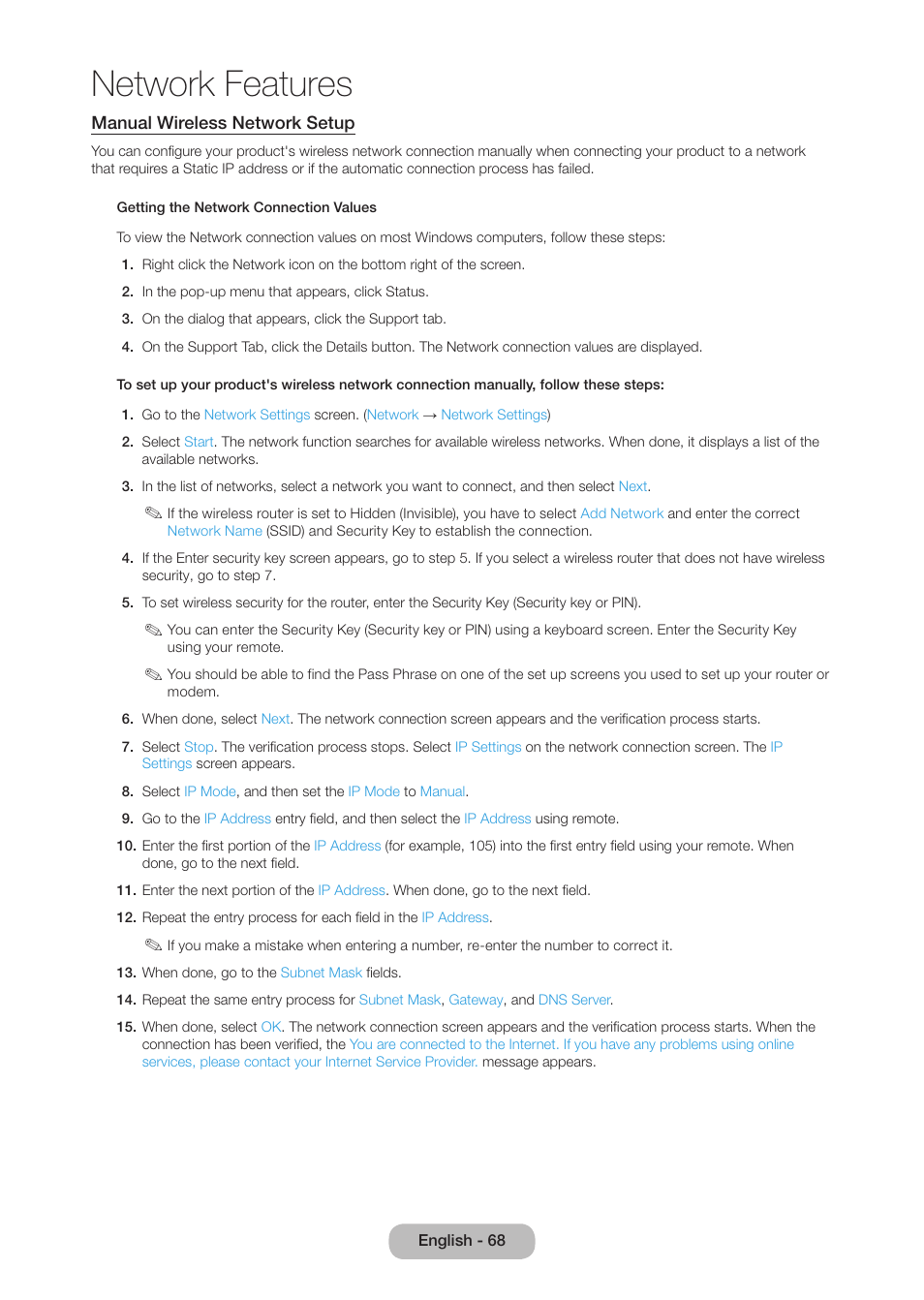 Network features | Samsung LT27B750NDX-ZA User Manual | Page 68 / 156