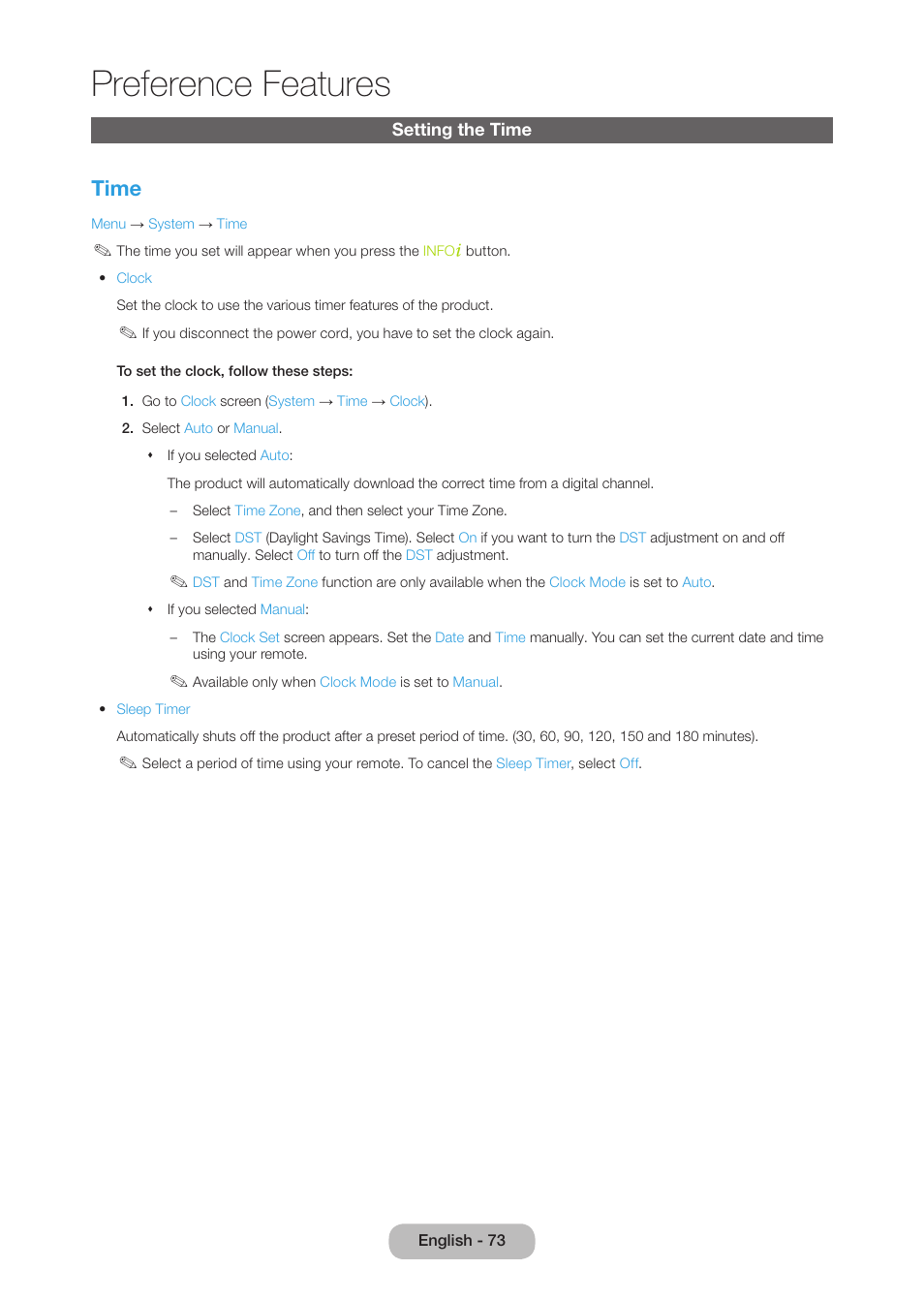 Preference features, Setting the time, Time | Samsung LT27B750NDX-ZA User Manual | Page 73 / 156
