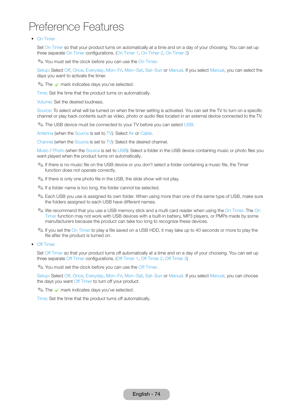 Preference features | Samsung LT27B750NDX-ZA User Manual | Page 74 / 156