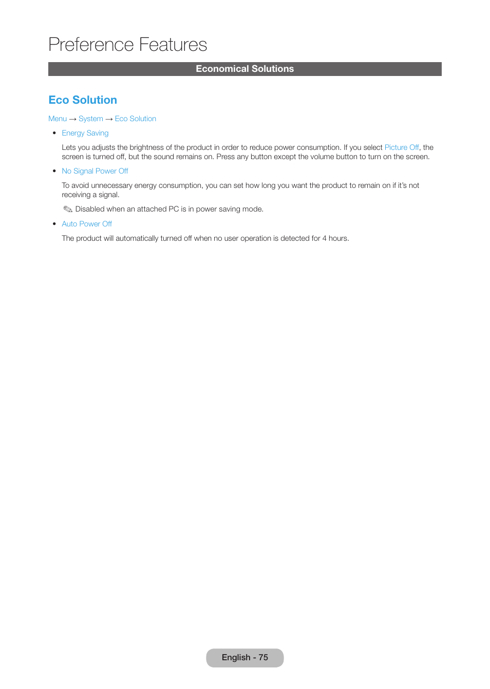 Economical solutions, Preference features, Eco solution | Samsung LT27B750NDX-ZA User Manual | Page 75 / 156