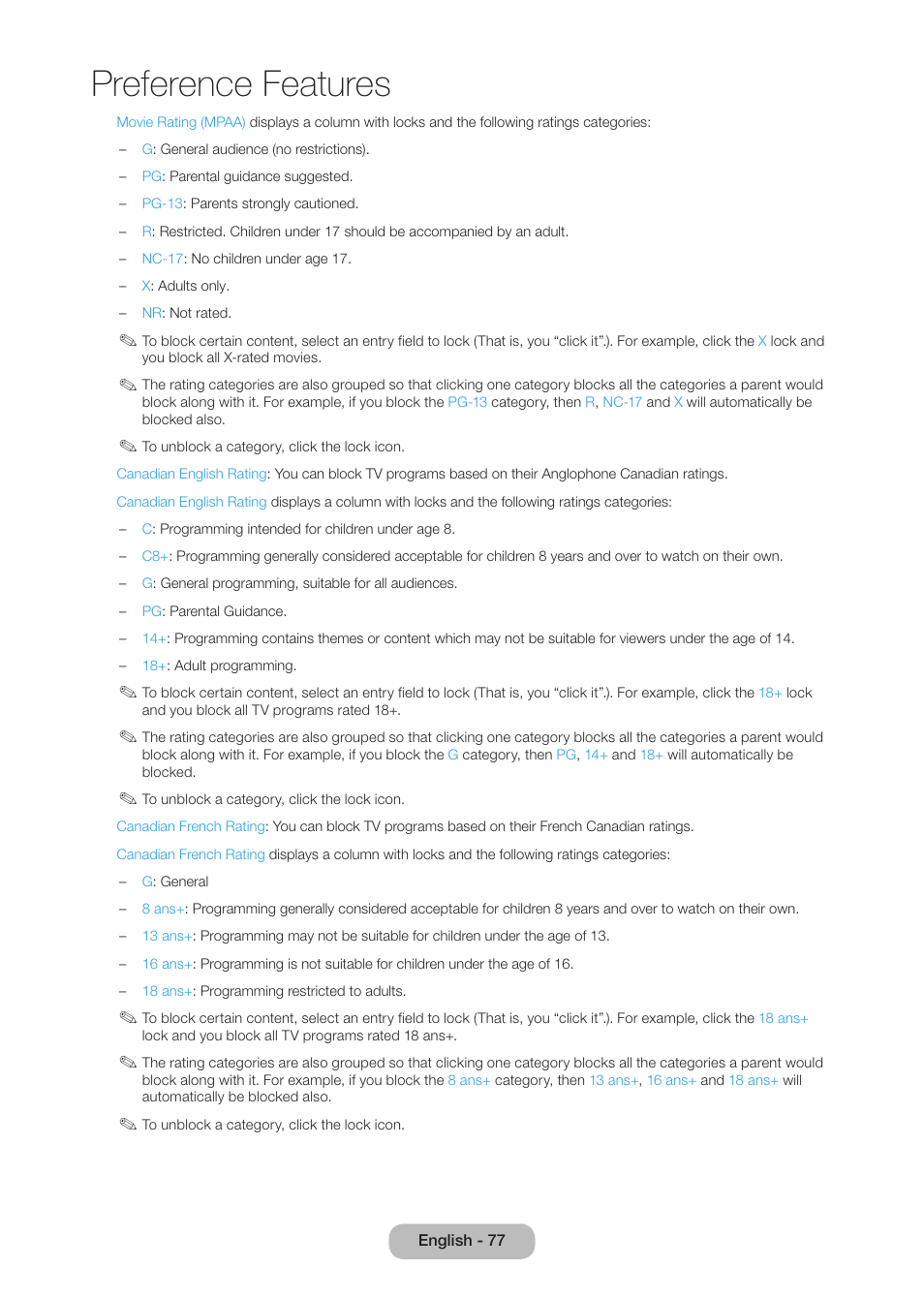 Preference features | Samsung LT27B750NDX-ZA User Manual | Page 77 / 156