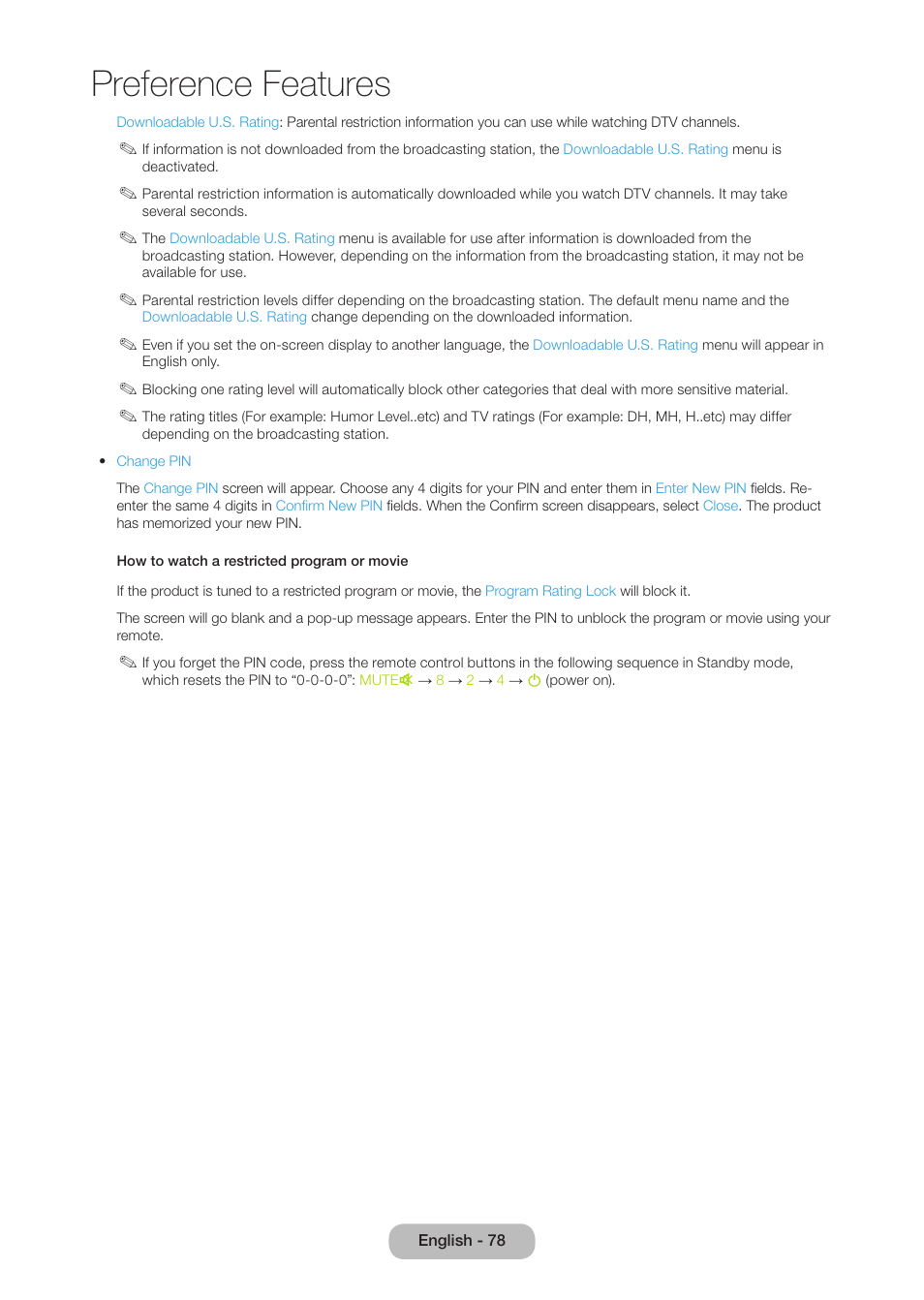 Preference features | Samsung LT27B750NDX-ZA User Manual | Page 78 / 156