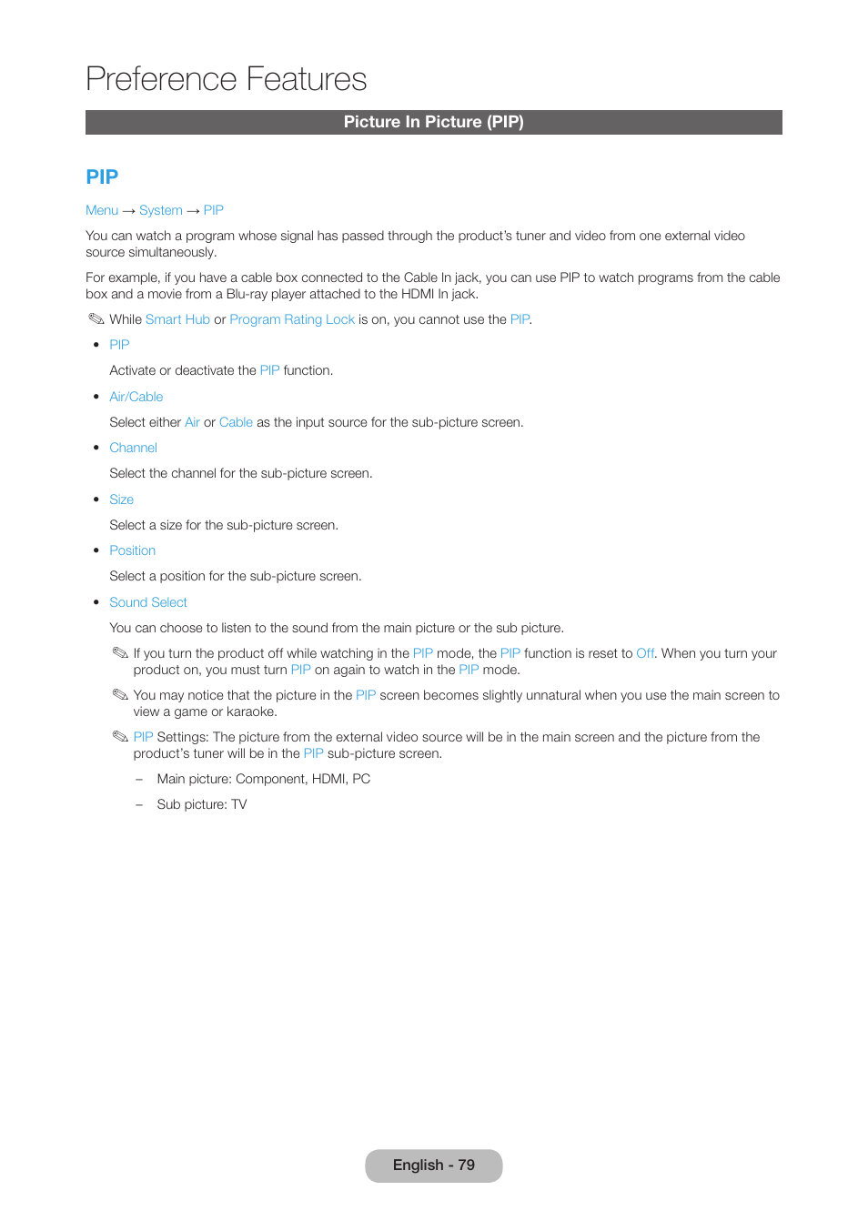 Picture in picture (pip), Preference features | Samsung LT27B750NDX-ZA User Manual | Page 79 / 156