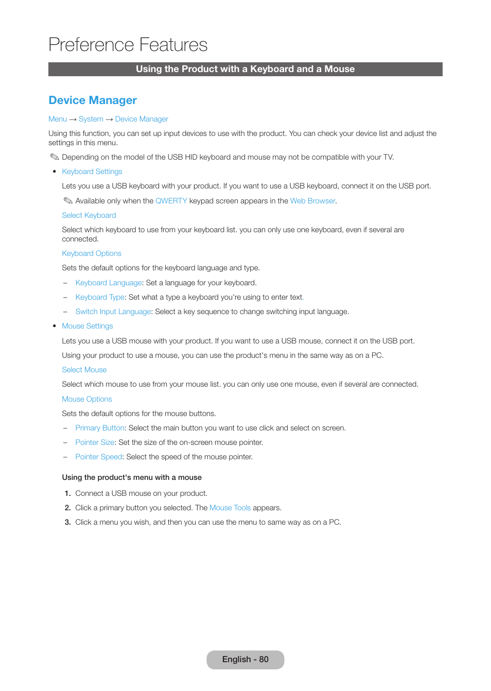 Using the product with a keyboard and a mouse, Preference features, Device manager | Samsung LT27B750NDX-ZA User Manual | Page 80 / 156