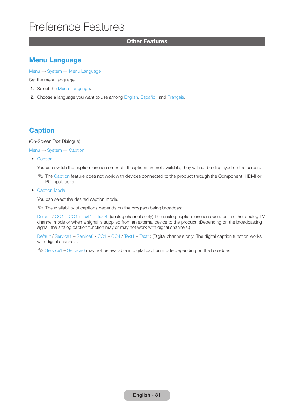 Other features, Preference features, Menu language | Caption | Samsung LT27B750NDX-ZA User Manual | Page 81 / 156