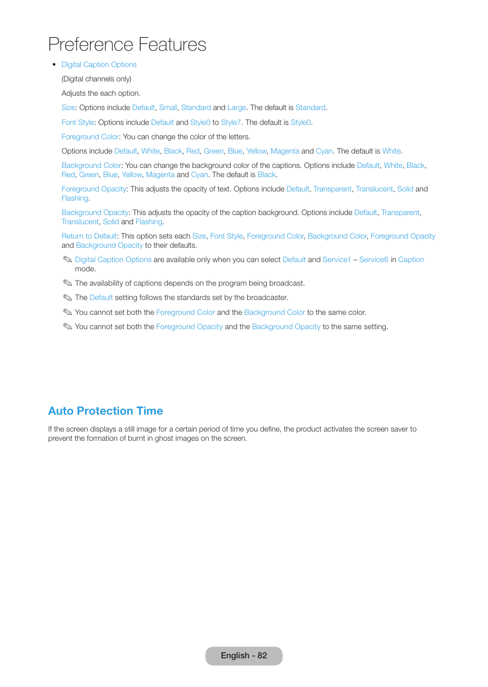 Preference features, Auto protection time | Samsung LT27B750NDX-ZA User Manual | Page 82 / 156