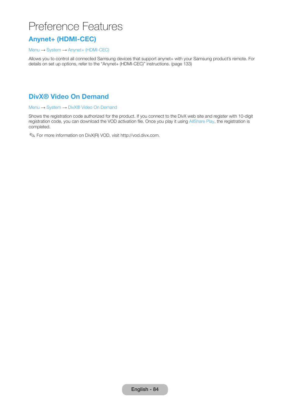 Preference features, Anynet+ (hdmi-cec), Divx® video on demand | Samsung LT27B750NDX-ZA User Manual | Page 84 / 156