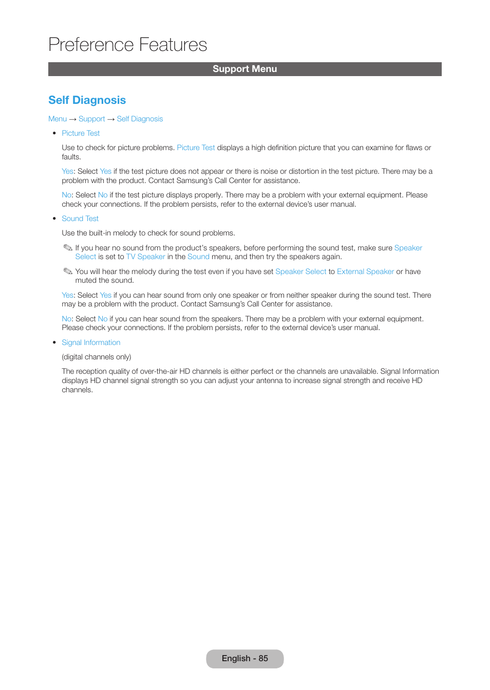 Support menu, Preference features, Self diagnosis | Samsung LT27B750NDX-ZA User Manual | Page 85 / 156