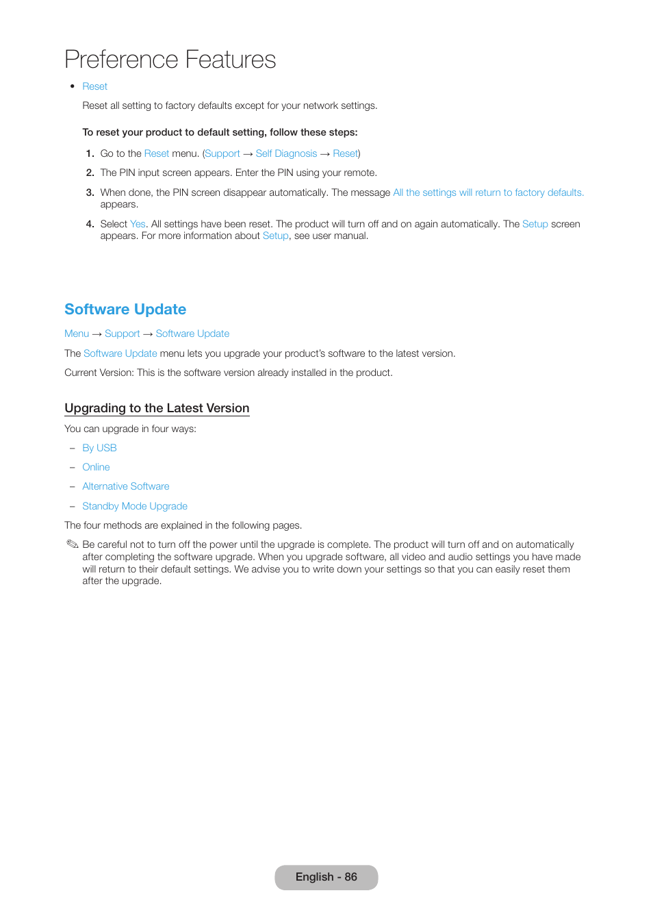 Preference features, Software update | Samsung LT27B750NDX-ZA User Manual | Page 86 / 156