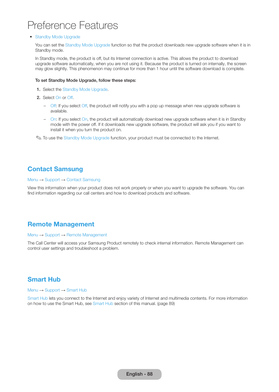 Preference features, Contact samsung, Remote management | Smart hub | Samsung LT27B750NDX-ZA User Manual | Page 88 / 156