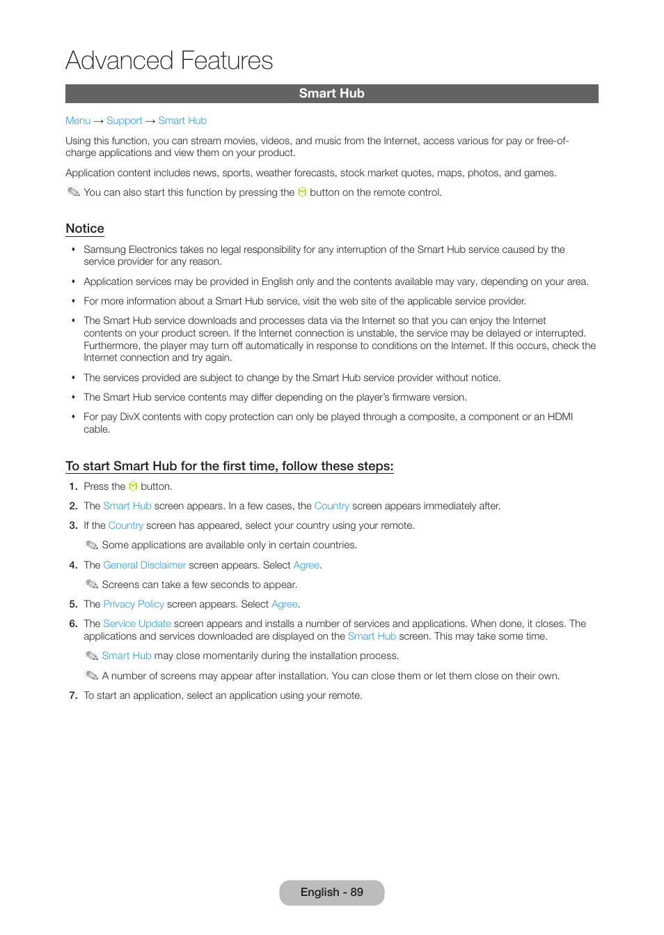 Advanced features, Smart hub | Samsung LT27B750NDX-ZA User Manual | Page 89 / 156