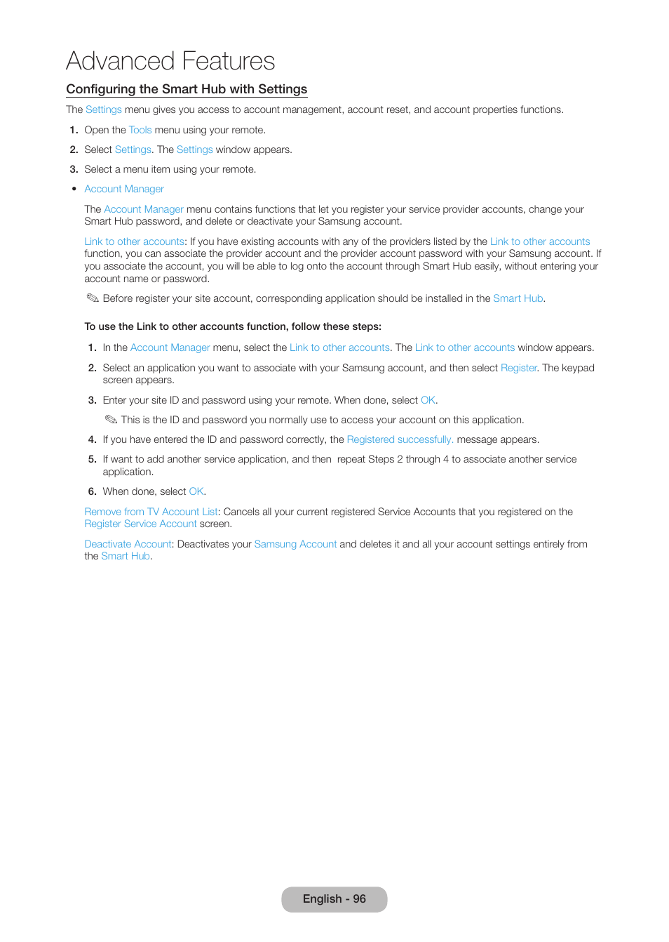 Advanced features | Samsung LT27B750NDX-ZA User Manual | Page 96 / 156