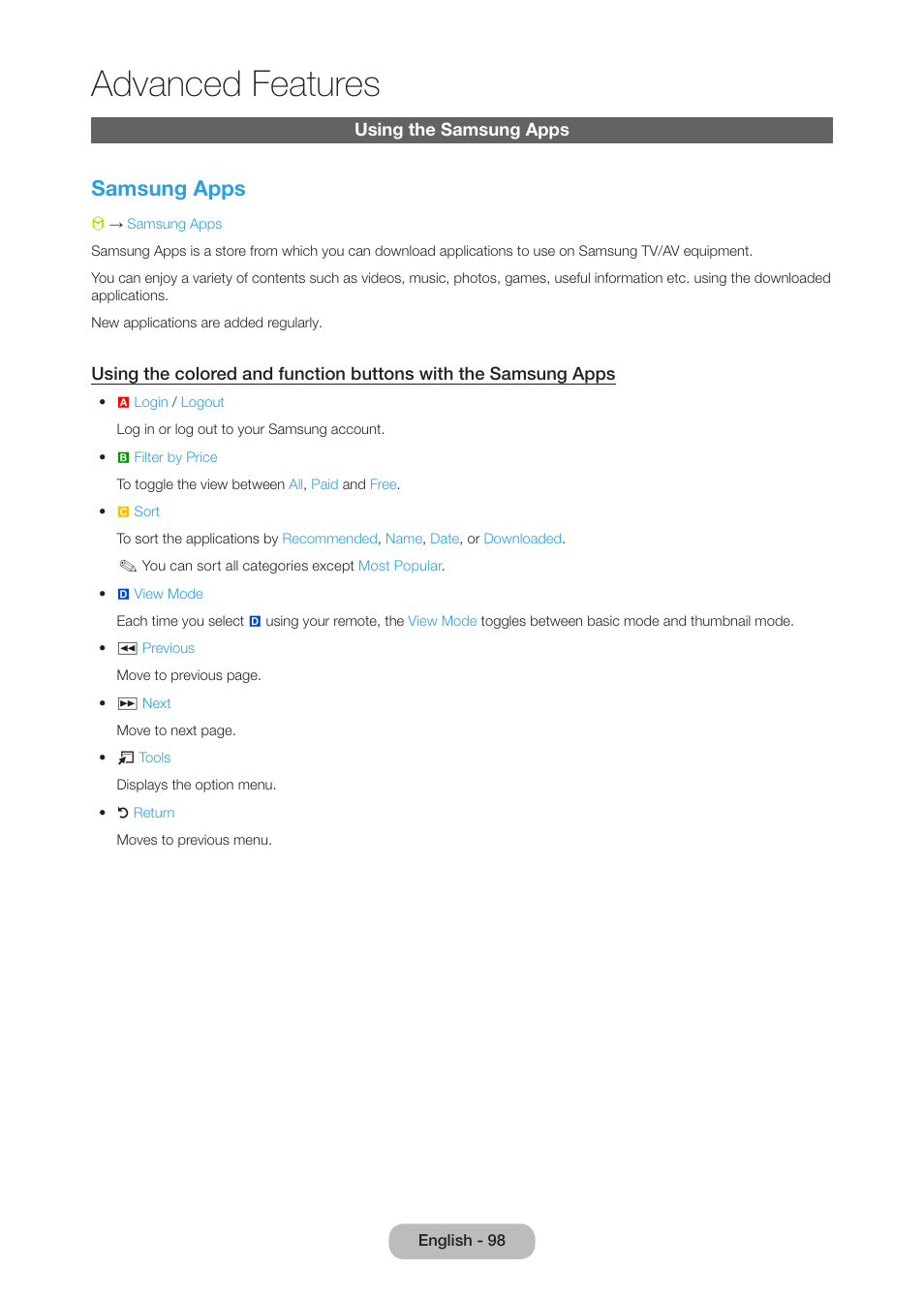 Using the samsung apps, Advanced features, Samsung apps | Samsung LT27B750NDX-ZA User Manual | Page 98 / 156