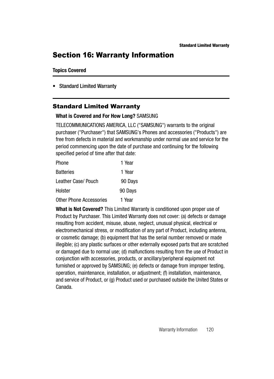 Section 16: warranty information, Standard limited warranty | Samsung SGH-A127WRAATT User Manual | Page 123 / 130